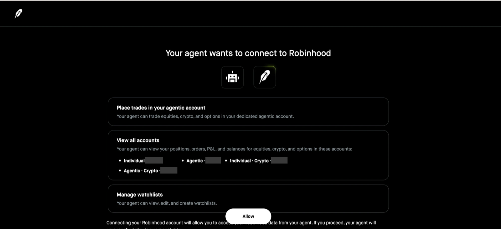 Robinhood’s approval screen listing what the agent may do, with account numbers hidden